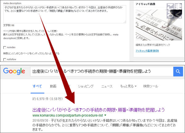meta descriptionの内容が検索結果の説明文になる
