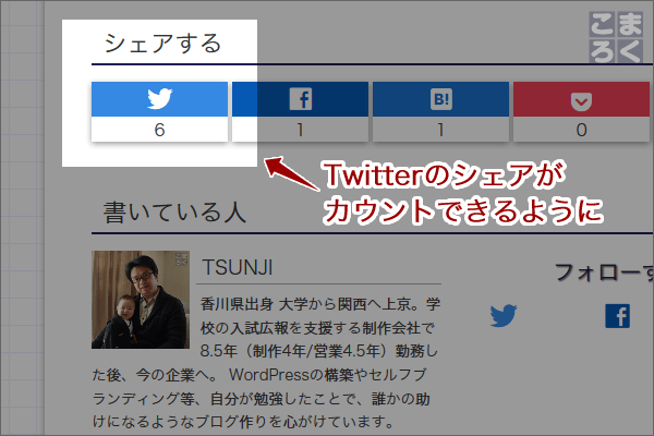 Twitterのシェア数を取得できるように修正した画像