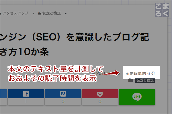 記事のテキスト量に合わせておおよその読むのに必要な時間を記載してくれる