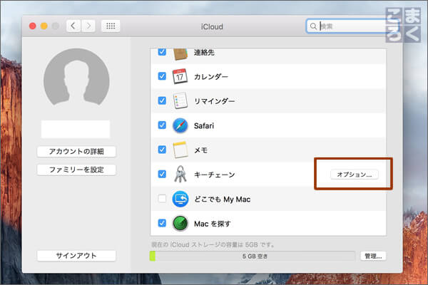 iCloudキーチェーンのオプションをクリック